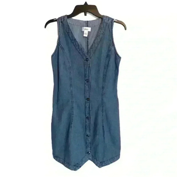 Japna Medium Wash denim button front fitted sleeveless belted dress size small - Picture 1 of 11